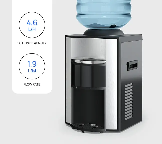 Water cooler with 4.6 L/H cooling capacity and 1.9 L/M flow rate.