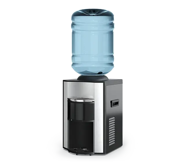 Water cooler dispenser with large transparent bottle on top.