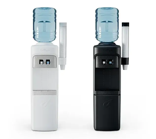 White and black water dispensers with bottles and cup holders.