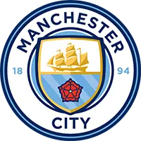 Blue Manchester City logo with ship and red rose at center.